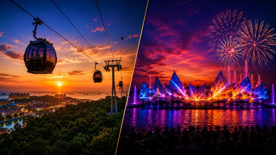 Cable car gondolas over sunset cityscape with illuminated waterfront structures and fireworks display at night